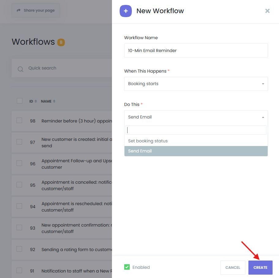 Input workflow details for appointment reminders in Book24Seven