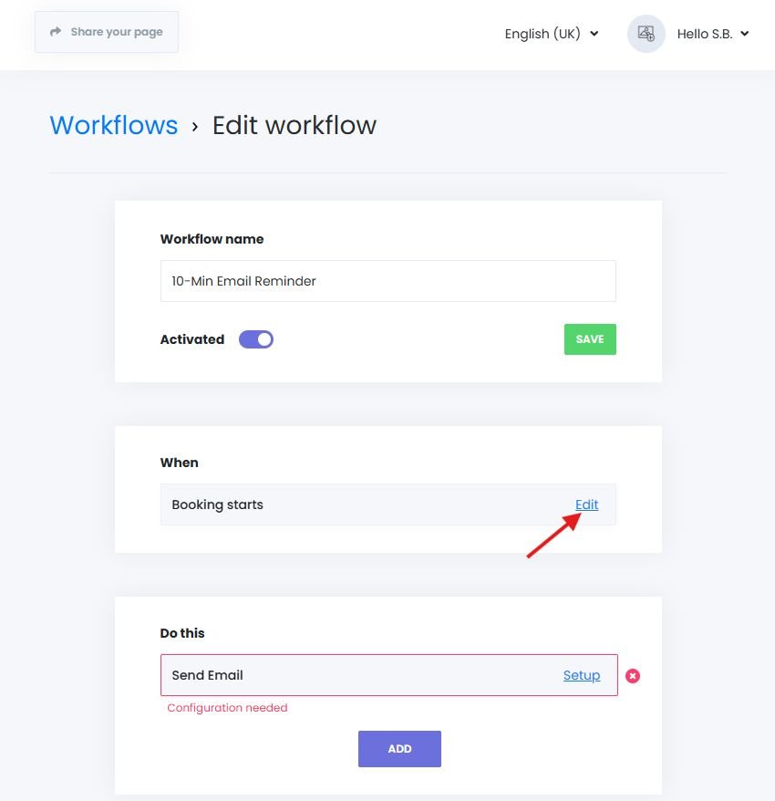 Selecting trigger event for automated notifications in Book24Seven