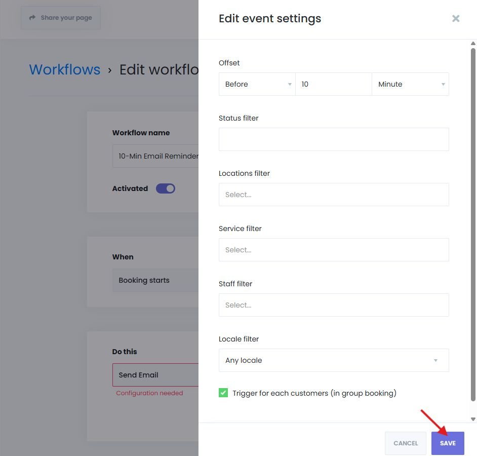 Configuring reminder timing before appointment in Book24Seven workflow