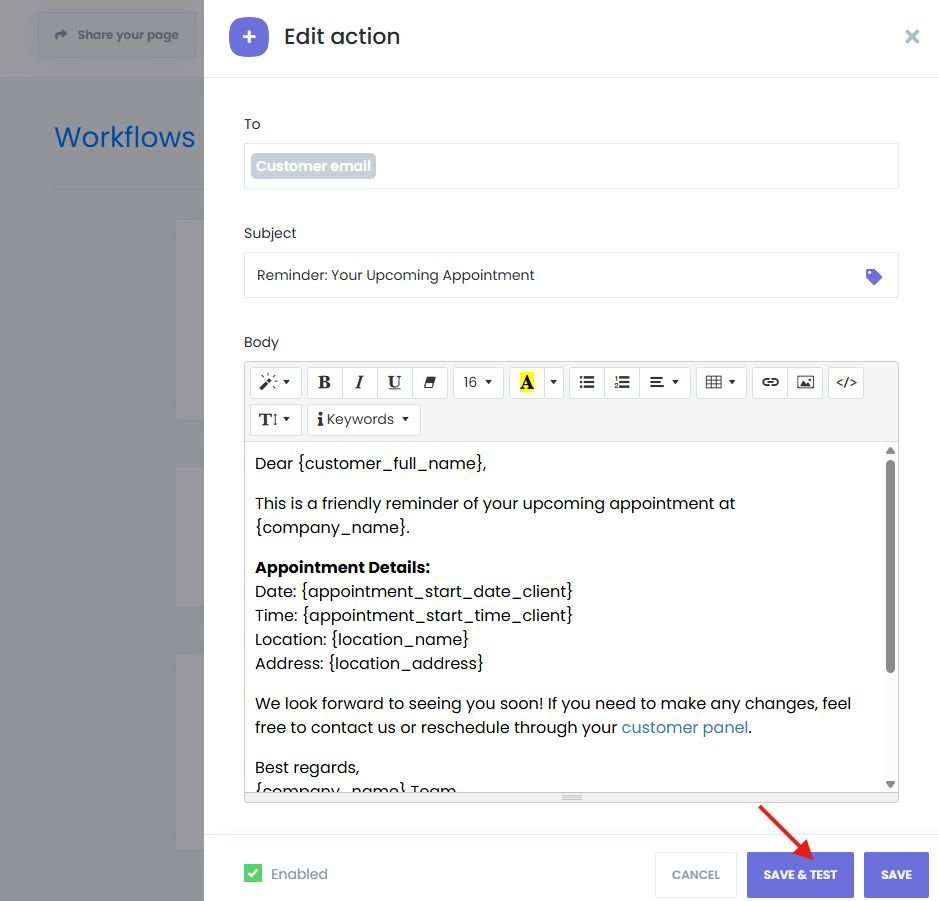 Example of appointment reminder setup in Book24Seven workflow editor