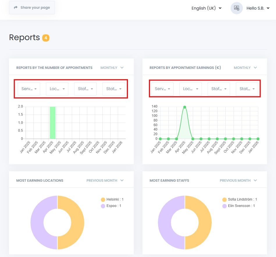 Filter options for customizing reports and analytics in Book24Seven’s reporting dashboard.