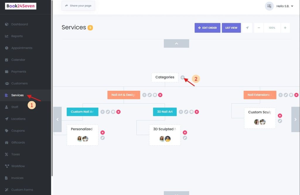 Manage services in an online booking system with multi-level categorization in Book24Seven