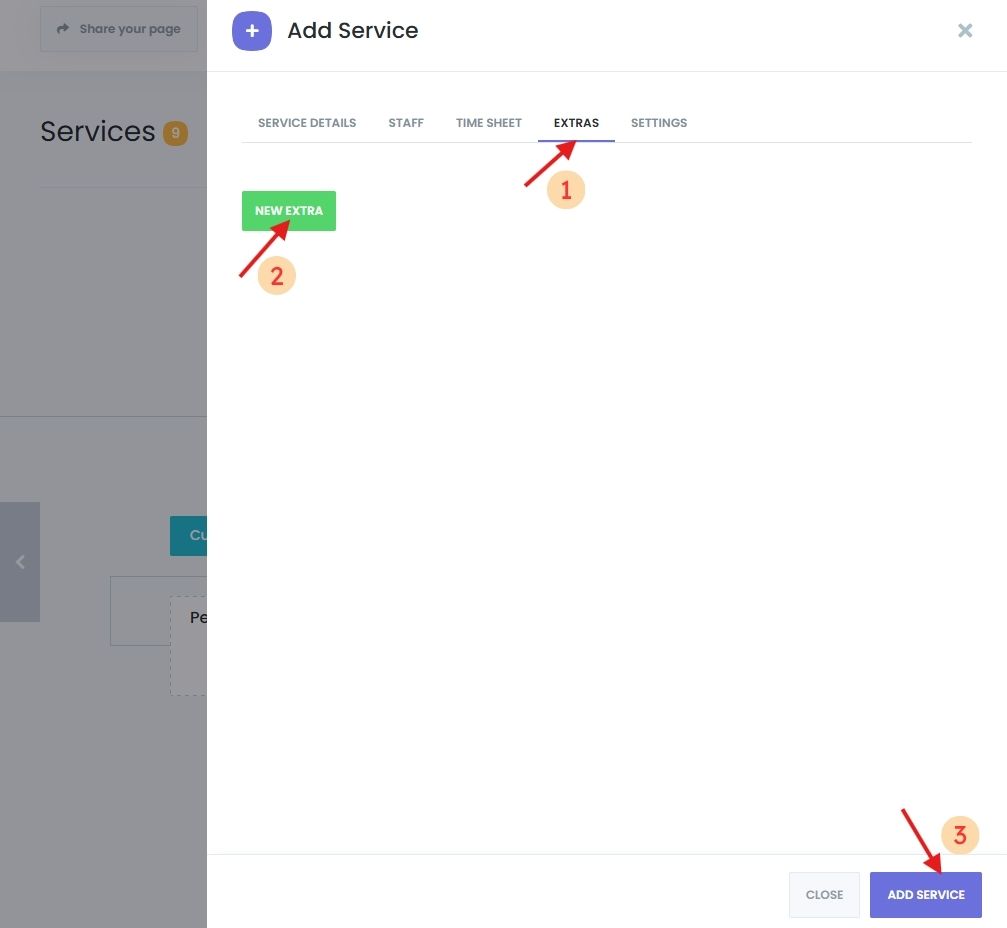 Adding extras and add-ons while managing services in an online booking system