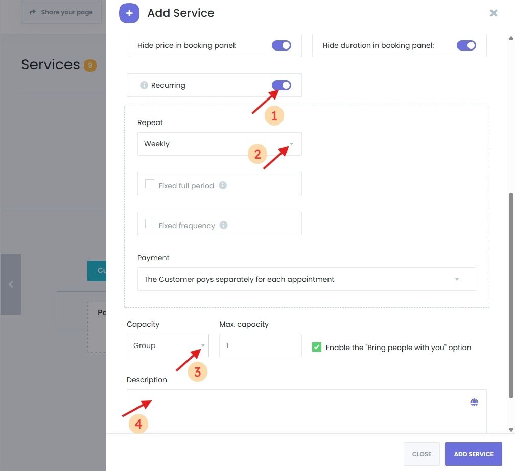 Enabling recurring and group appointments along with service description while managing services in an online booking system