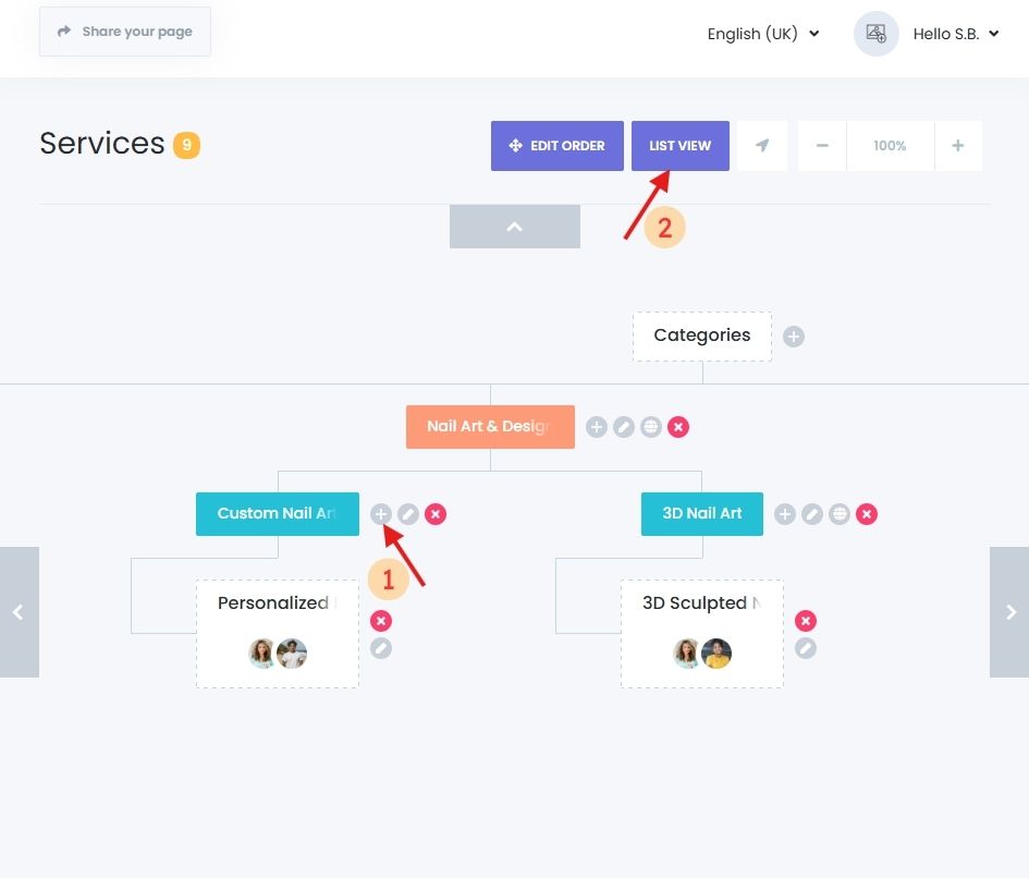 Overview of service categories to manage services in an online booking system