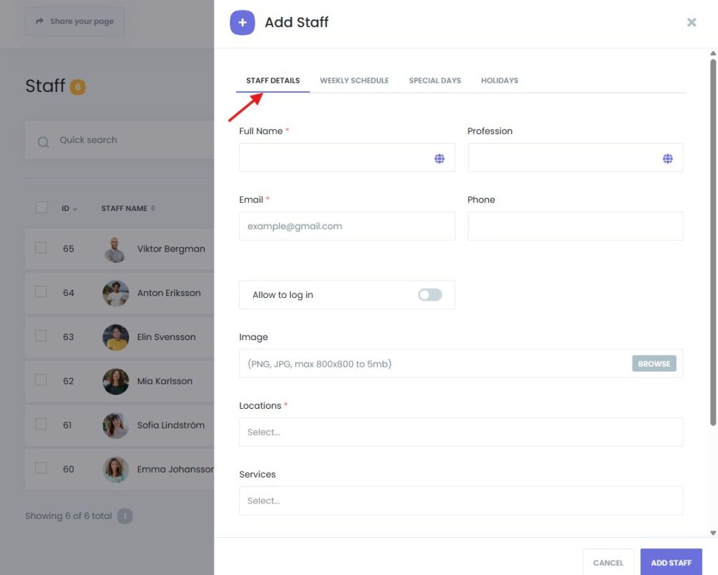 Staff details input form including name, contact, and profile settings