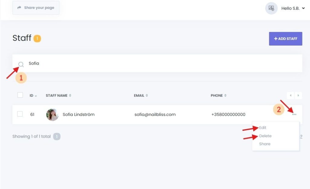 Staff overview panel with search, filters, and sorting options